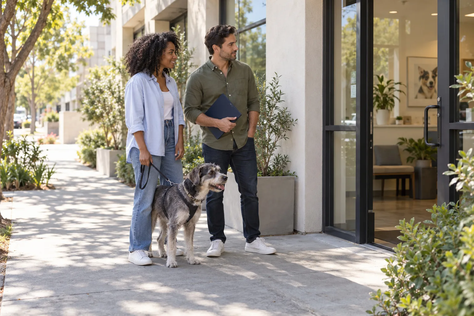 Two owners with dogs outside a veterinary practice